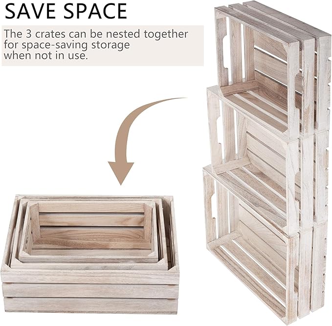 Farmhouse Wood Nesting Storage Crates with Handles, Decorative Tabletop Container Boxes, Bathroom Living Room Kitchen Organizer, Gift, Set of 3, Rustic Nature