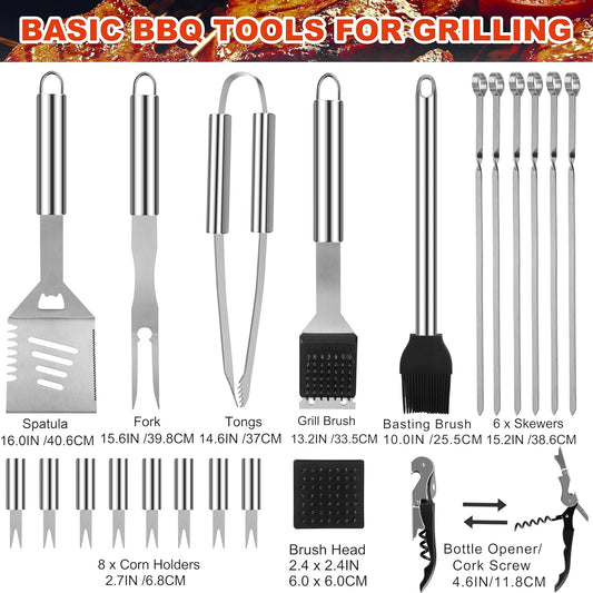 Grilljoy BBQ Accessories Grill Tools Set - 22PCS Stainless Steel Barbecue Grill Accessories for Outdoor Grill with Black Aluminum Case - Christmas Grilling Gifts for Men & Dad -Grill Tools Kit