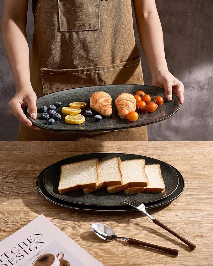 famiware Serving Platter, Oval 15.59/14.3/12.9 inch Serving Dishes for Entertaining, Serving Bowls, Dishwasher Safe, Fine Stonware Serving Trays for Party, Turkey, Cheese, Reactive Glaze, Deep Forest