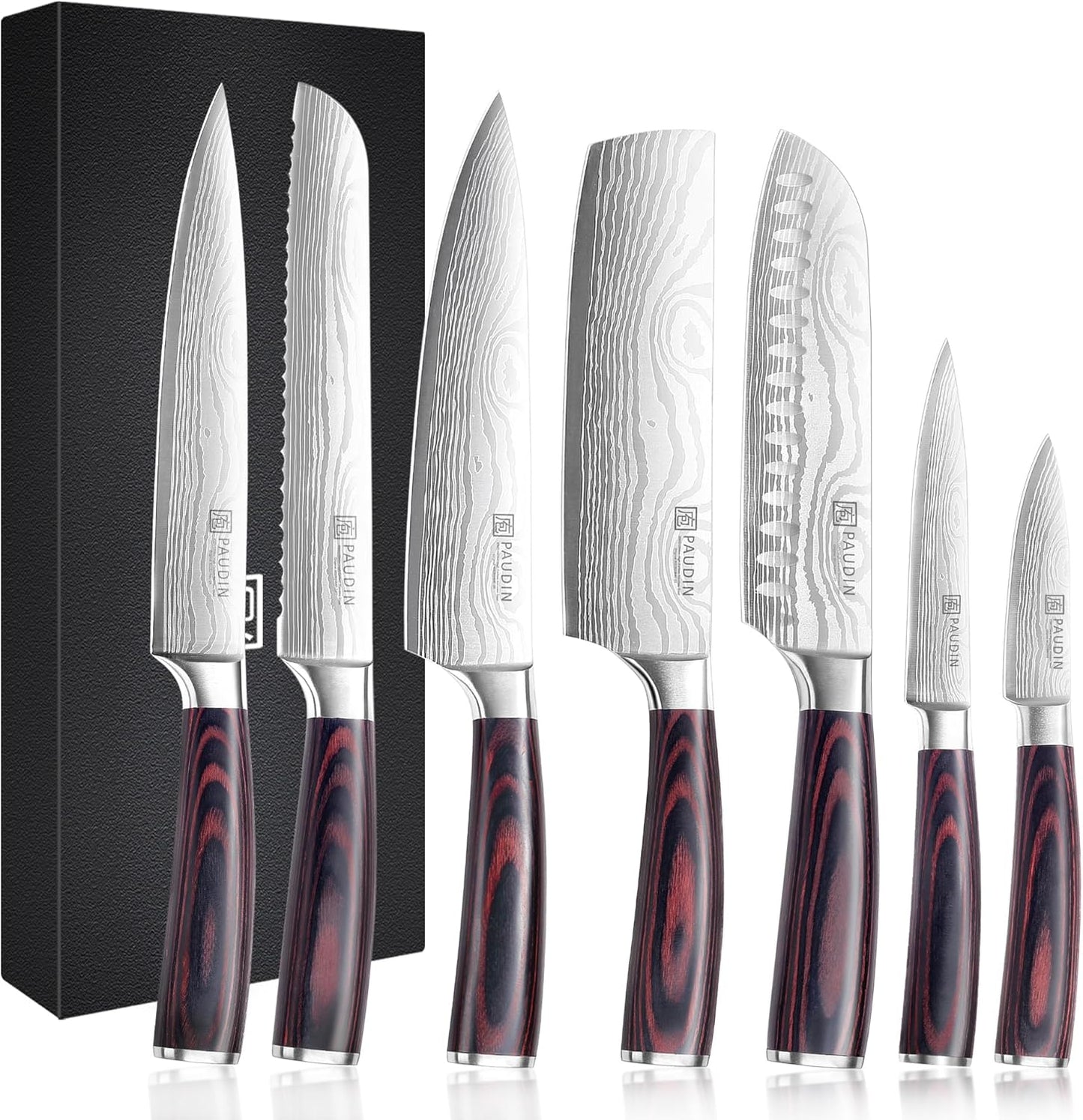 PAUDIN Chef Knife Set, 7 Pieces Kitchen Knife Set, High Carbon Stainless Steel, Ultra Sharp Knife Set, Professional Knives Set for Kitchen with Pakkawood Handle
