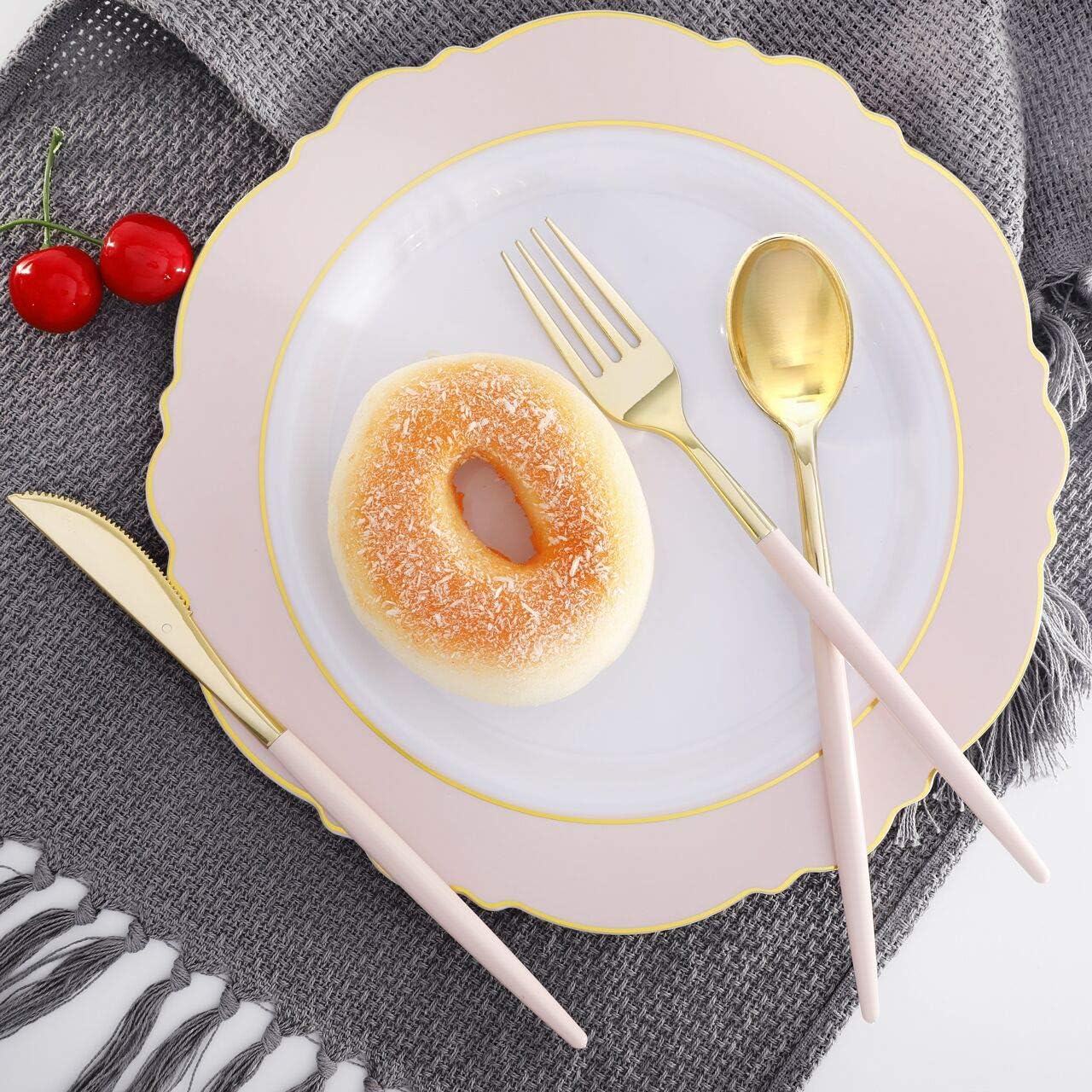 I00000 144Pcs Pink Plastic Silverware, Gold Disposable Flatware with Pink Handle, Gold Plastic Cutlery Set Includes: 48 Forks, 48 Knives and 48 Spoons Perfect for Party & Wedding