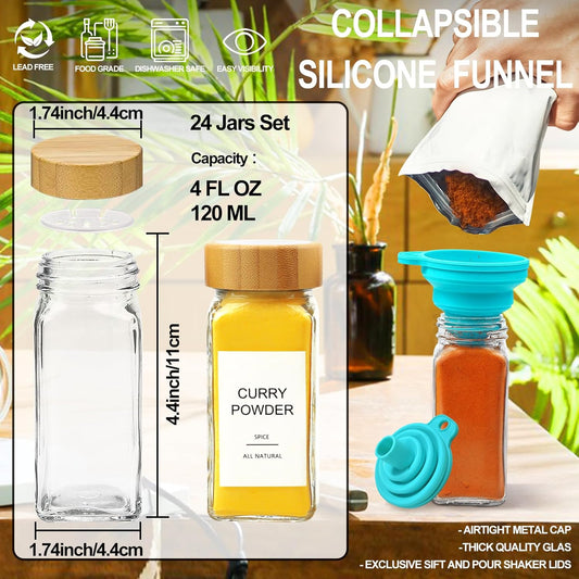 AISIPRIN Glass Spice Jars with 398 Labels, 24 pcs 4oz Spice Containers with Bamboo Lids, Square Spice Bottles With Shaker Lids,Spice Organization for Cabinet,Drawer,Rack,Seasoning Organizer
