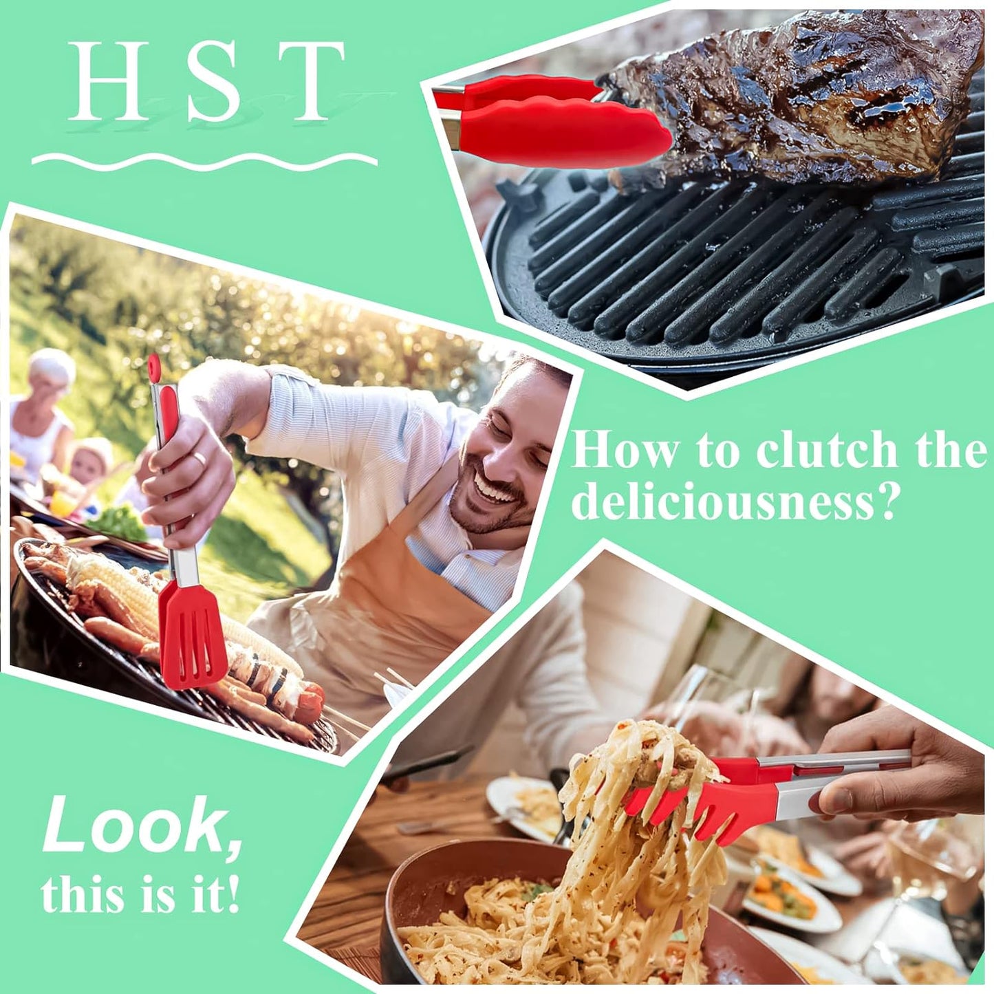 HST Tongs for Cooking with Silicone Tips(3 Pack), Non Stick Kitchen Tongs with Silicone Tip for Cooking BBQ Baking (12", Red)