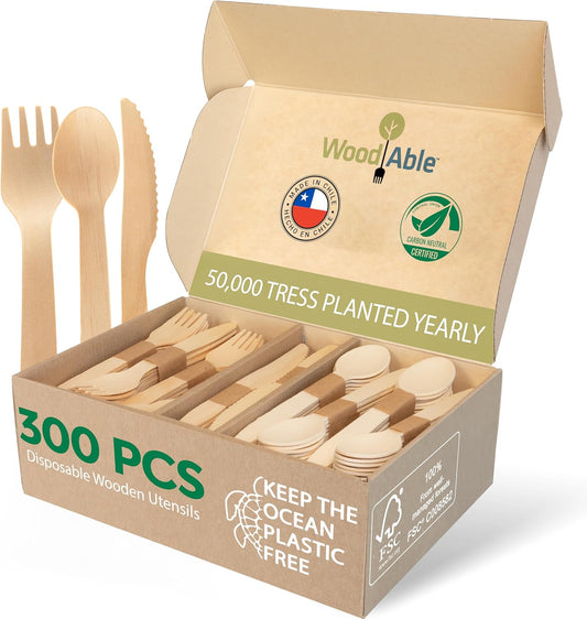 Disposable Wooden Cutlery Set - 100% Home Compostable - 300 Mix (120 Forks, 120 Spoons and 80 Knives) 6.5", Bamboo Utensils Alternative, Eco-Friendly, Organic, Sustainable and Carbon Neutral Certified