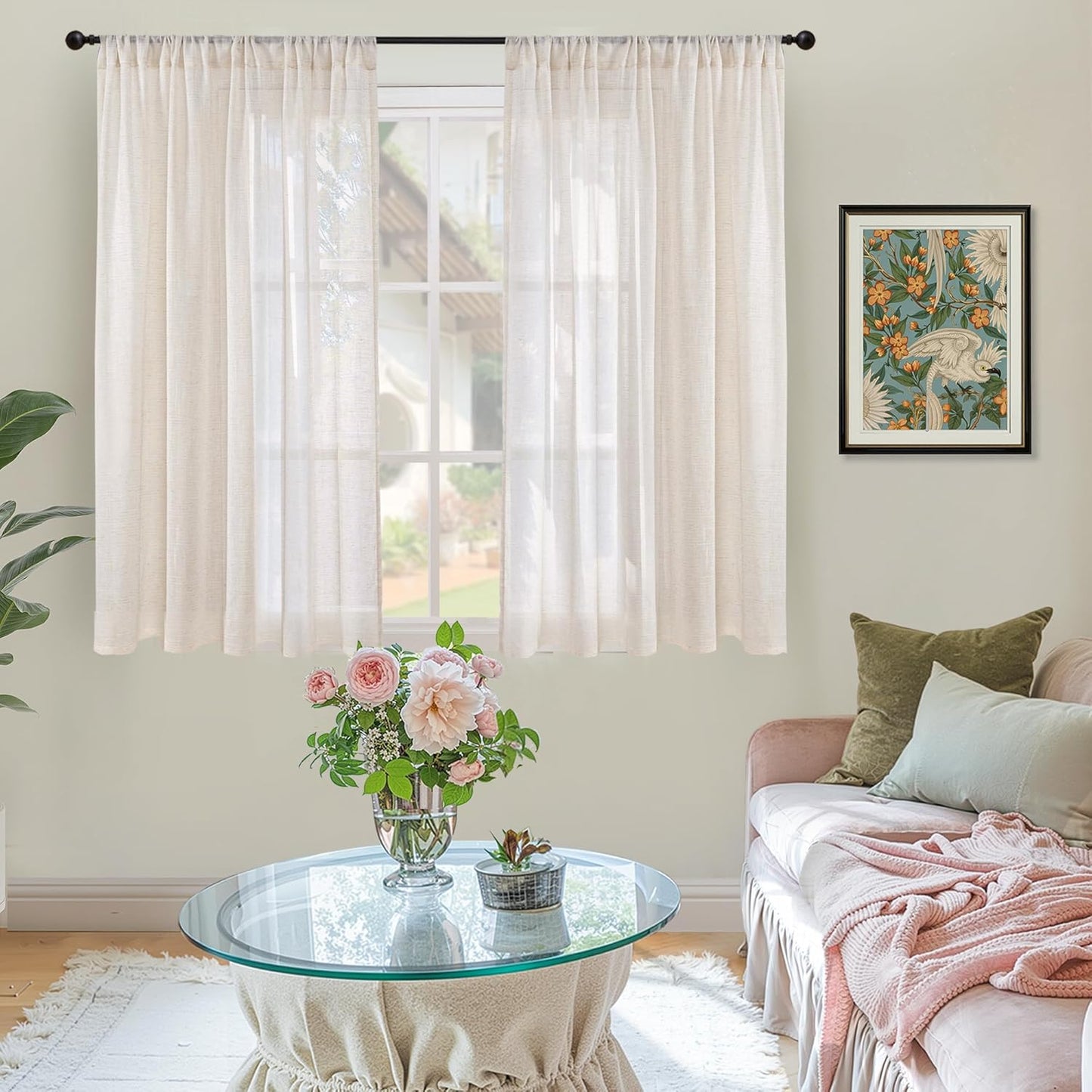 BGment Linen Oatmeal Curtains 45 Inch Length for Short Window - Rod Pocket Textured Drapes Light Filtering Sheer for Bedroom Living Room Lightweight Natural Rustic, 2 Panels Set, 42 X 45 Inch