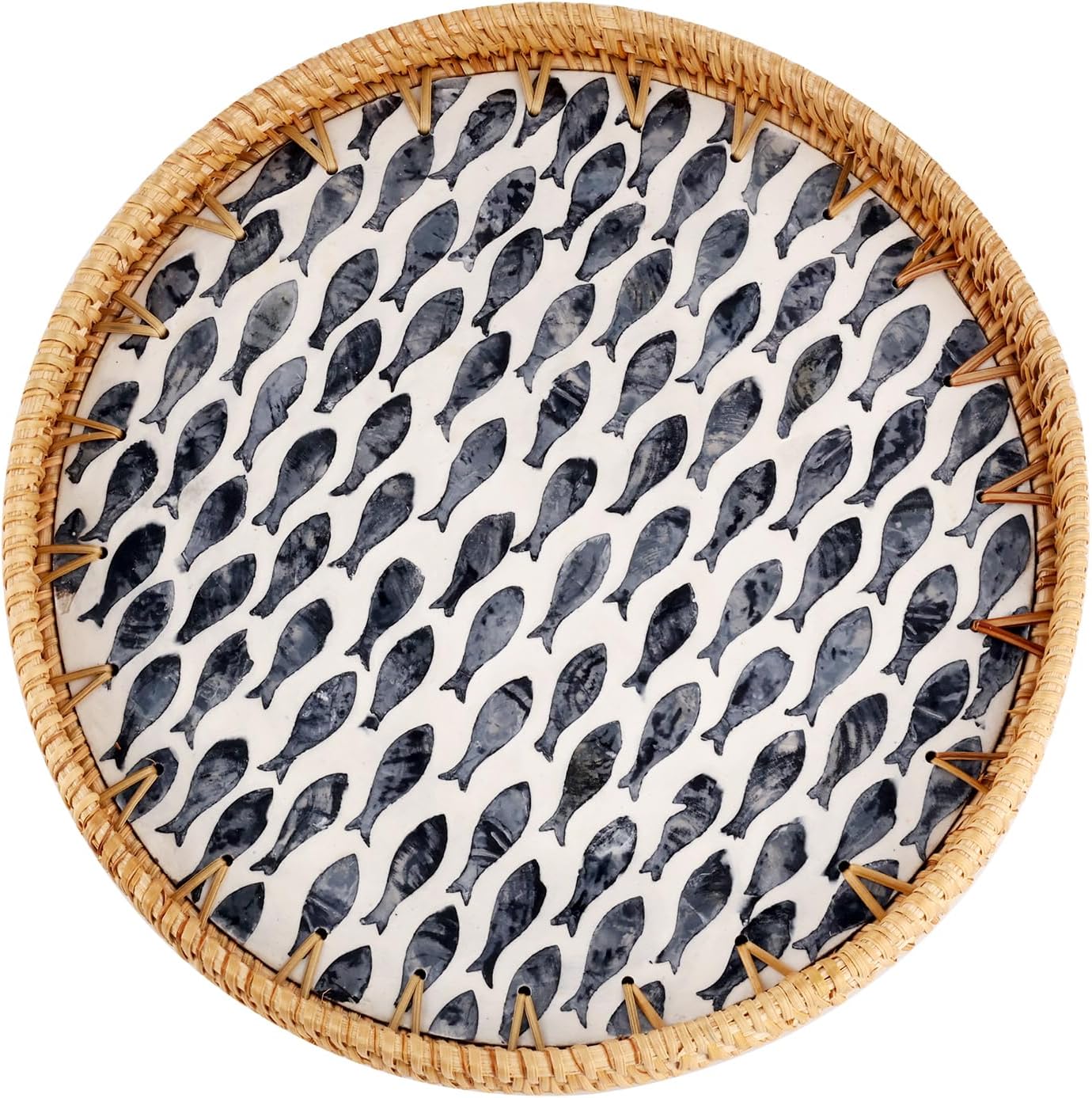 Round Rattan Tray with Mother of Pearl Inlay, Rattan Serving Tray for Coffee, Bread, Fruits, Decorative Wicker Tray for Table Decor, Home Decor, Kitchen Island Decor (Dark Blue Fish, 11.8")