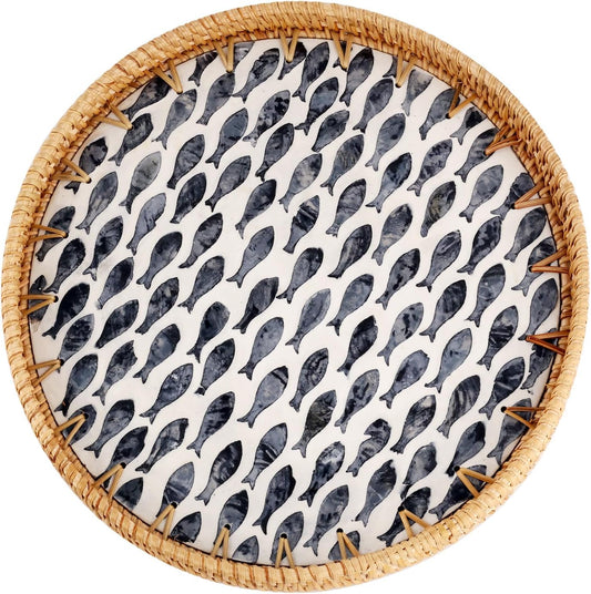 Round Rattan Tray with Mother of Pearl Inlay, Rattan Serving Tray for Coffee, Bread, Fruits, Decorative Wicker Tray for Table Decor, Home Decor, Kitchen Island Decor (Dark Blue Fish, 11.8")