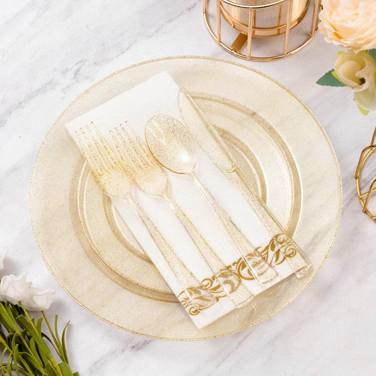 Goodluck 350 Piece Dinnerware Set for 50 Guests, Plastic Plates Disposable for Party, Include: 100 Gold Glitter Plastic Plates, 50 Paper Napkins, 50 Cups, 50 Gold Glitter Plastic Silverware Set