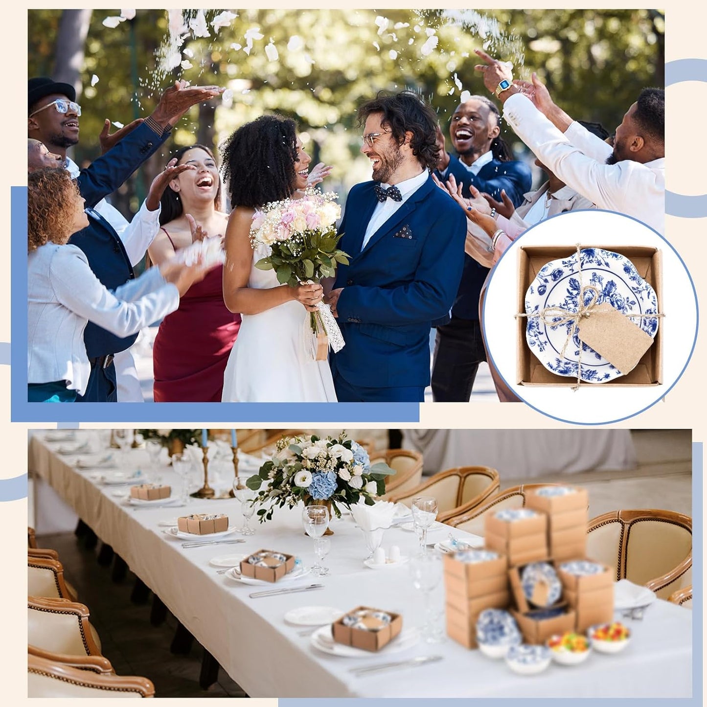 48 Pcs Wedding Favors for Guests Small Ceramic Bowl Bulk Gifts Set 3.3 Inch Floral Design Mini Dipping Bowl Sauce Dish with Cards Box for Bridal Baby Shower Birthday Guest Gift (Blue)