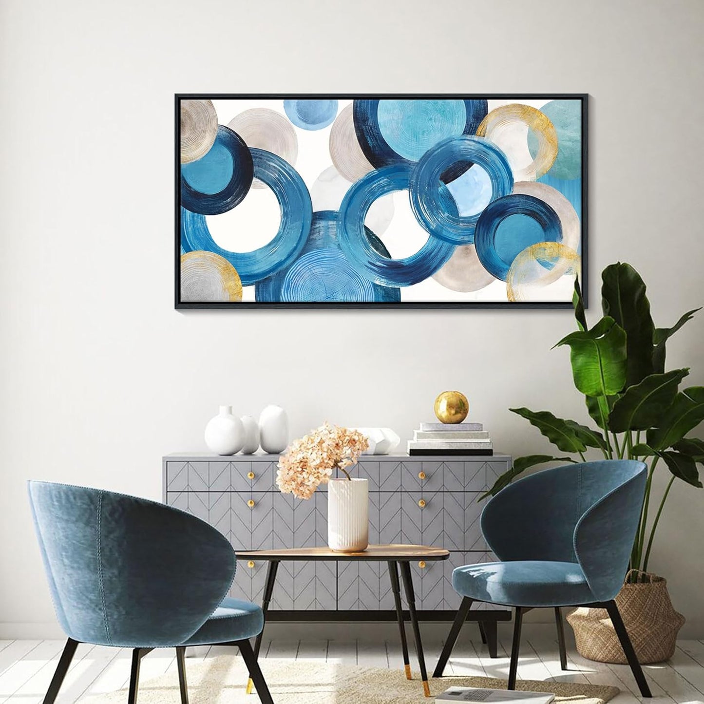 HKDGOKA Abstract Canvas Wall Art Bedroom Large Wall Art for Living Room Teal Blue Circle Graffiti Bathroom Pictures Ready to Hang for Kitchen Office Home farmhouse Decor 24x48 In