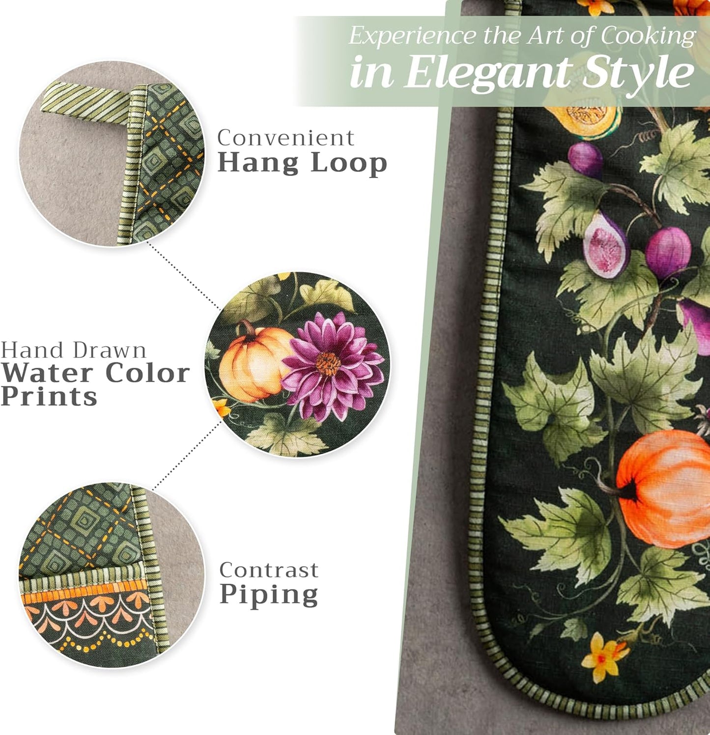 Maison d' Hermine Double Oven Mitt (7" x 35") 100% Cotton Heat Resistant BBQ Cooking Gloves with Loop for Thanksgiving Christmas Decorations Cooking Handling Hot Pan (Pumpkin Garden - Dark Green)