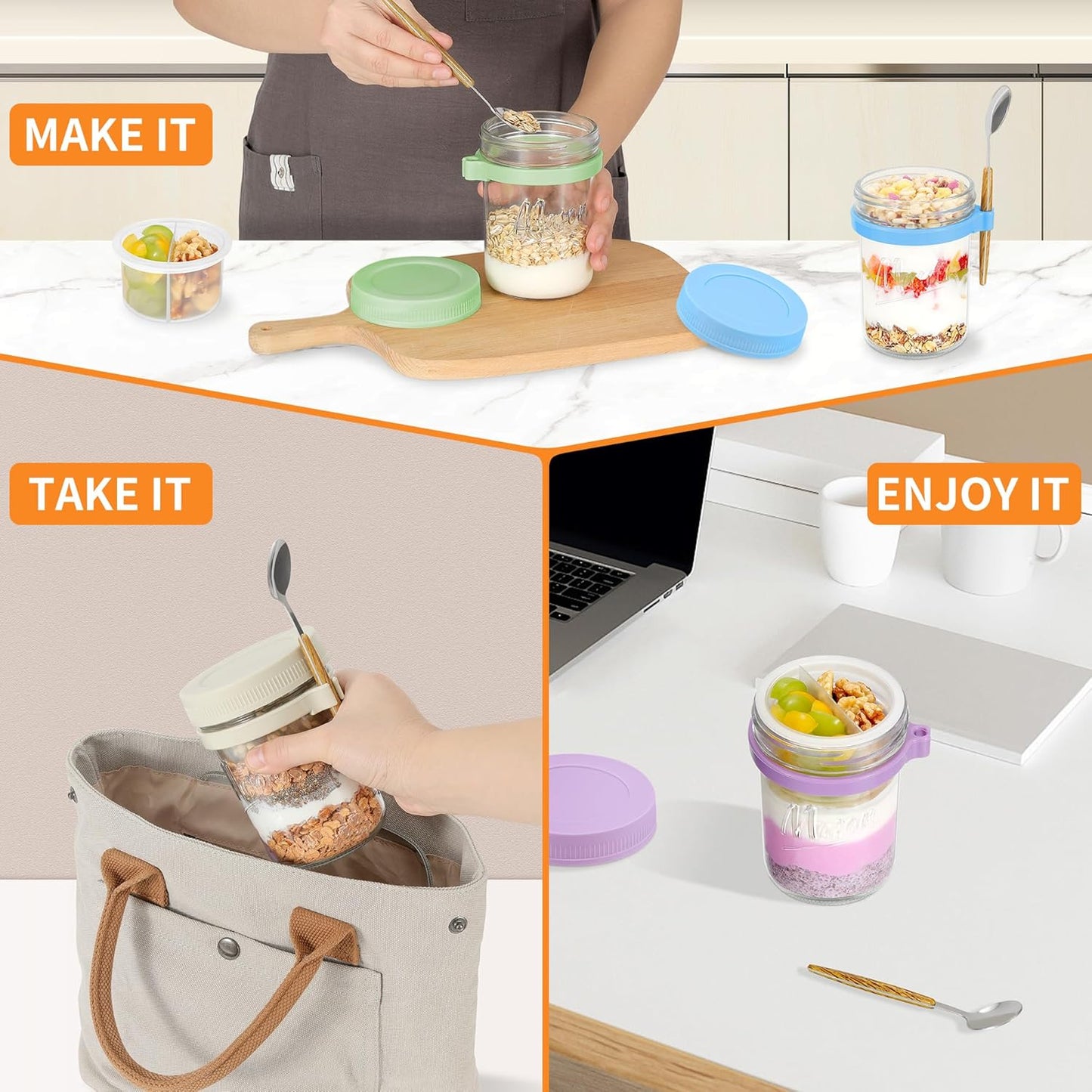 2 Pack Overnight Oats Containers with Lids and Spoons, 16 oz Mason Jars with Removable Separate Compartments, Airtight and Leak-Proof Glass Jars for Chia Pudding, Yogurt, and Oatmeal