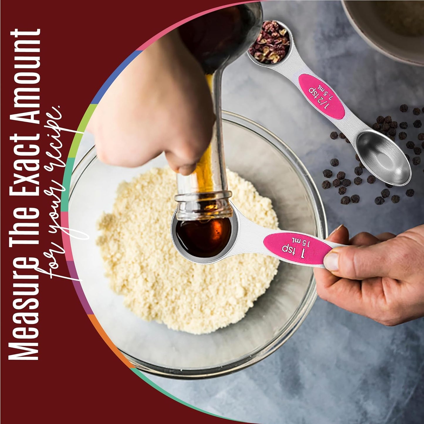 Magnetic Measuring Spoons Set of 9 Stainless Steel Dual-Sided Stackable Measuring Spoon Nesting Teaspoons Measuring Dry and Liquid Ingredients, Fits in Spice Jars Set of 9 (Pink)