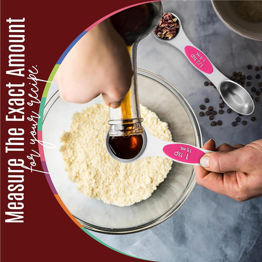 Magnetic Measuring Spoons Set of 9 Stainless Steel Dual-Sided Stackable Measuring Spoon Nesting Teaspoons Measuring Dry and Liquid Ingredients, Fits in Spice Jars Set of 9 (Pink)