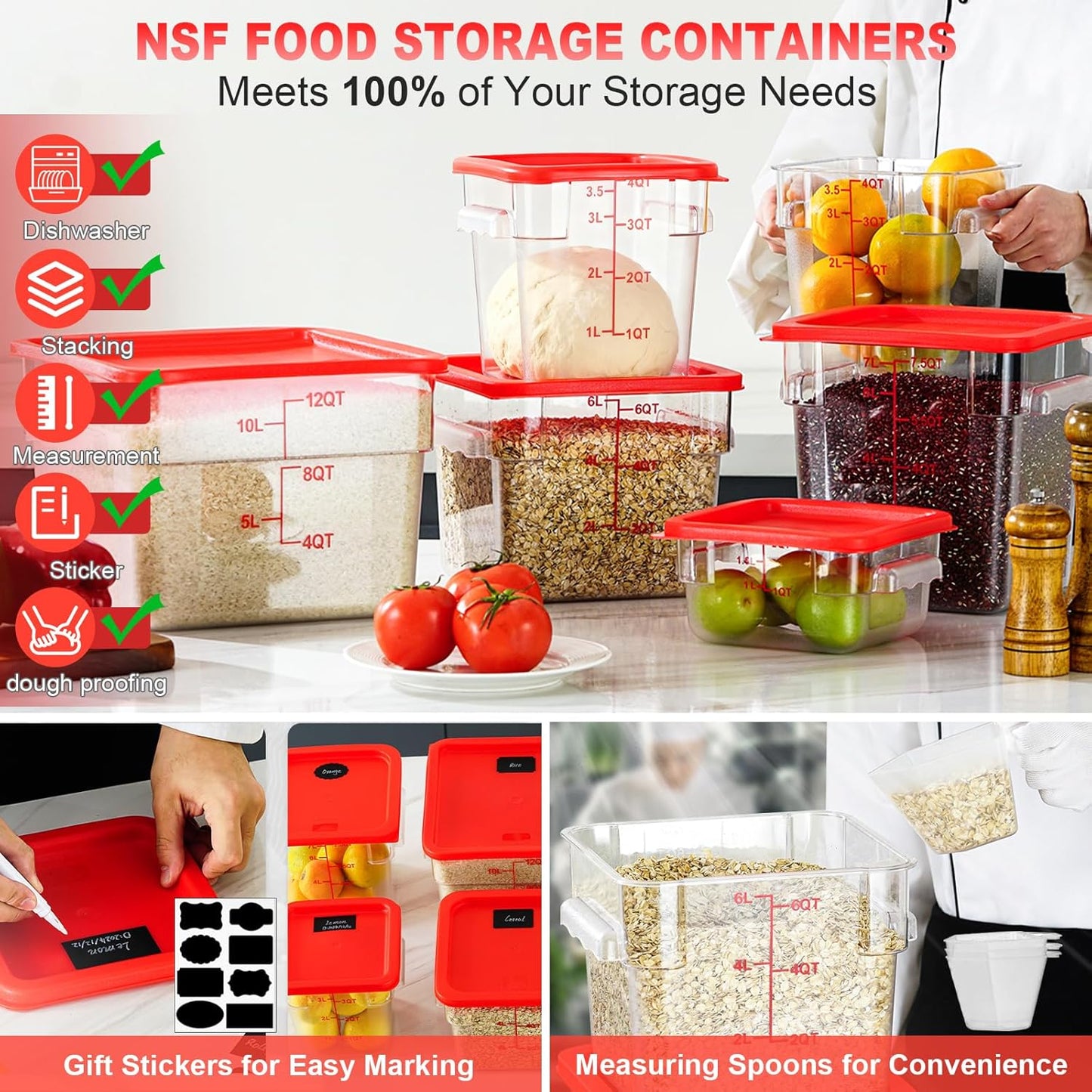 4QT NSF Food Storage Containers with Lids: 4 PCS [Total Food Grade][Hot&Cold Resistant] Commercial Clear Food Storage Containers for Restaurant Kitchen Proof Dough, Measuring Spoons Included(Red)