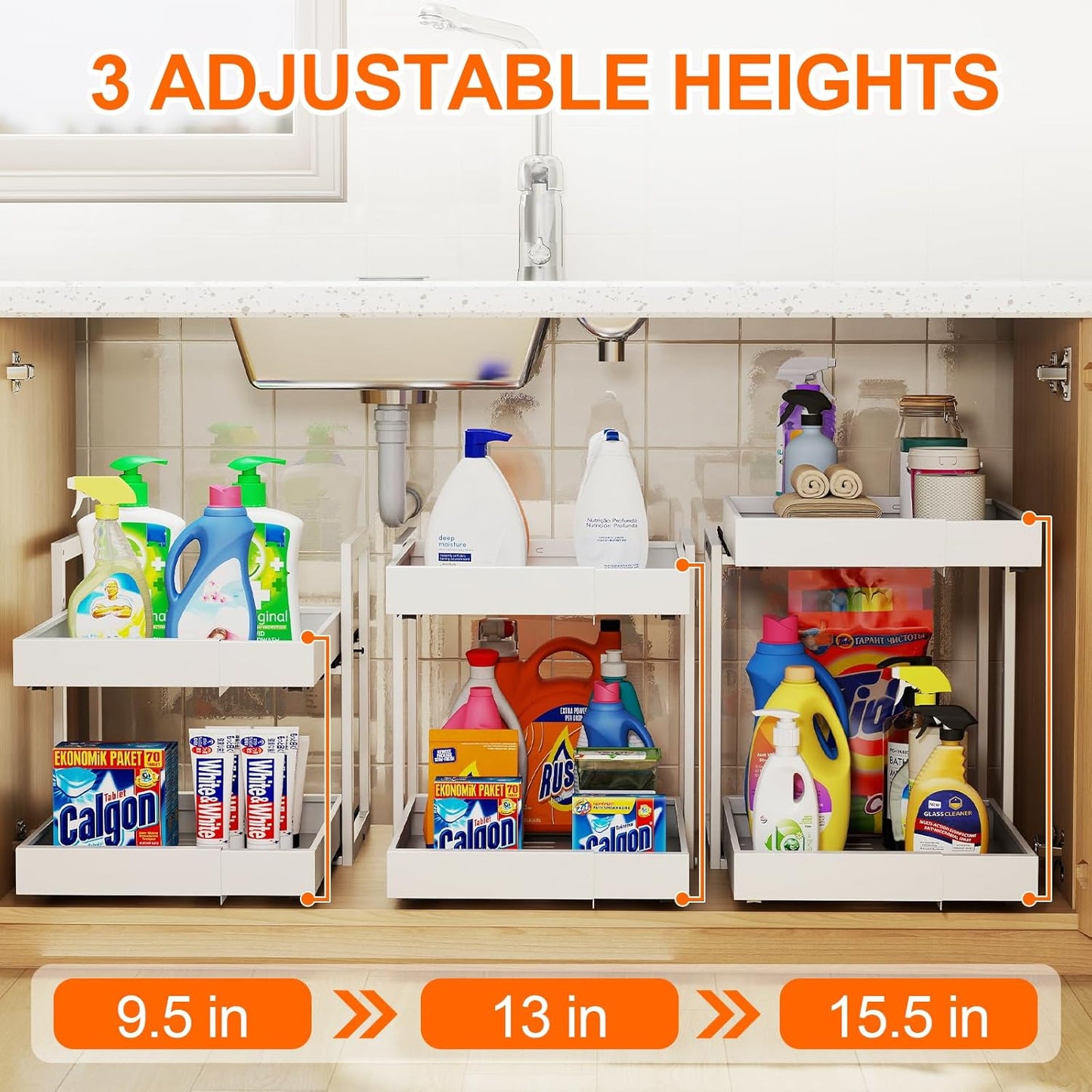 Golener Pull Out Cabinet Organizer - 2-Tier Slide Out Expandable Drawers for Kitchen Cabinets, Bathroom Organizers and Storage, Under Sink Organizer for Kitchen Storage Organization, White Metal Frame