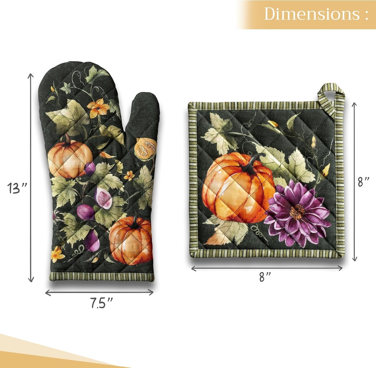Maison d' Hermine 100% Cotton Oven Mitt & Pot Holder Set (7.5"x13" & 8"x8") Heat Resistant BBQ Cooking Gloves with Loop for Christmas Decorations Handling Hot Pans (Pumpkin Garden - Dark Green)