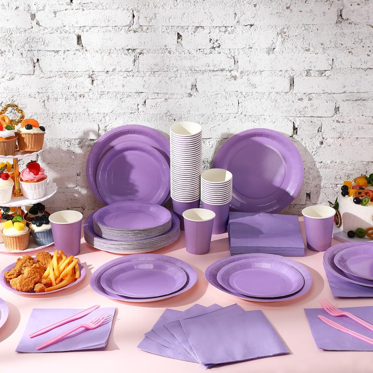 Tioncy 200 Pcs Disposable Paper Plates Cups and Napkins Party Supplies Serve 50 Guests Disposable Paper Dinnerware Set for Halloween Birthday Wedding Baby Shower Family Picnic(Purple)