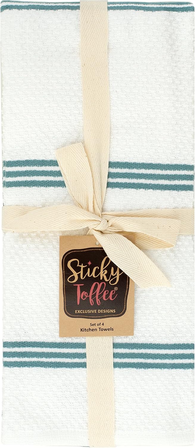 Sticky Toffee Cotton Kitchen Towels Set of 4 – Blue and White Dish Towels 28x16 in, Reusable and Absorbent Tea Towels for Drying or Cleaning, Oeko-Tex Cotton