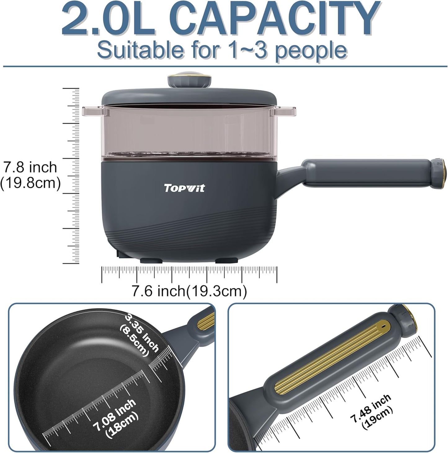 TOPWIT Hot Pot Electric with Steamer, 2L Multifunctional Electric Pot, Non-Stick Sauté Pan, Portable Pot for Steak, Fried Rice, Ramen, Soup with Dual Power Control (Spatula Not Included), Grey