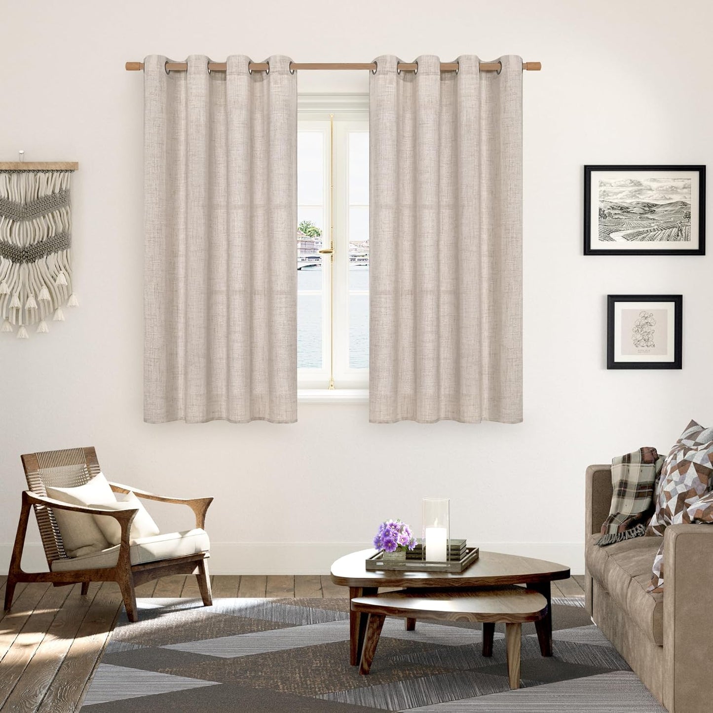 YoungsTex Natural Linen Curtains for Short Window 54 Inches Long, Textured Semi Sheer Drapes with Bronze Grommet Privacy Light Filtering for Kitchen Bathroom Bedroom, 2 Panels, 52 X 54 Inch