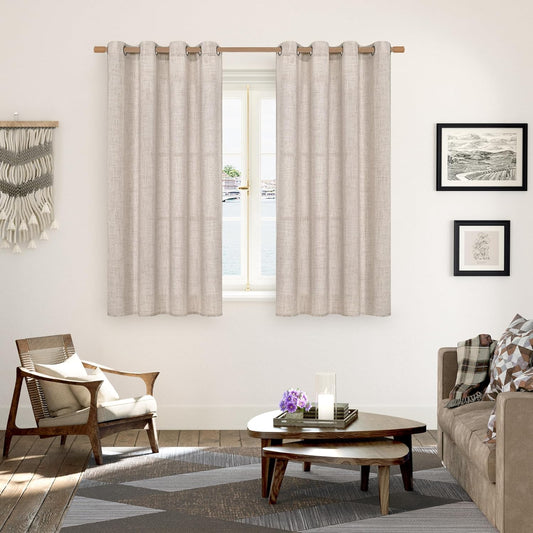 YoungsTex Natural Linen Curtains for Short Window 54 Inches Long, Textured Semi Sheer Drapes with Bronze Grommet Privacy Light Filtering for Kitchen Bathroom Bedroom, 2 Panels, 52 X 54 Inch
