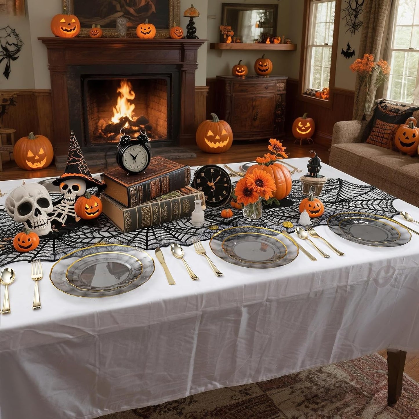 EI 150pcs Clear Black Dinnerware Set,Clear Black Fancy Plastic Plates with Gold Rimmed and Gold Plastic Silverware,Heavy Duty Party Plates Disposable for Halloween, Afternoon Tea,Wedding