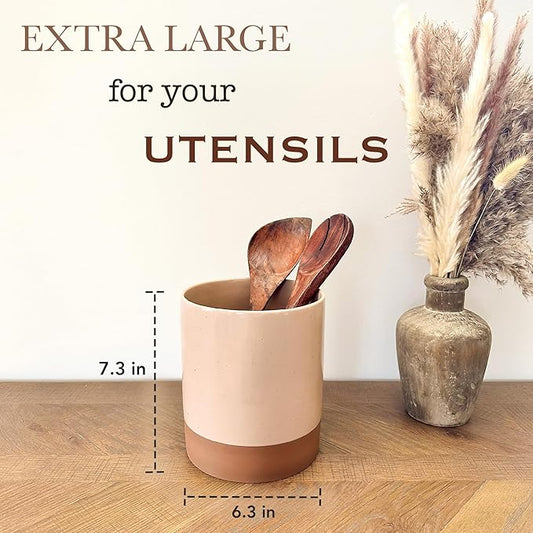 Mora Ceramic Kitchen Utensil Holder - Wooden Spoon & Spatula Crock for Countertop, Modern Farmhouse Home Decor, Extra Large 7.3" Cooking Organizer for Stove Top and Counter - Heavy & Sturdy - Chai