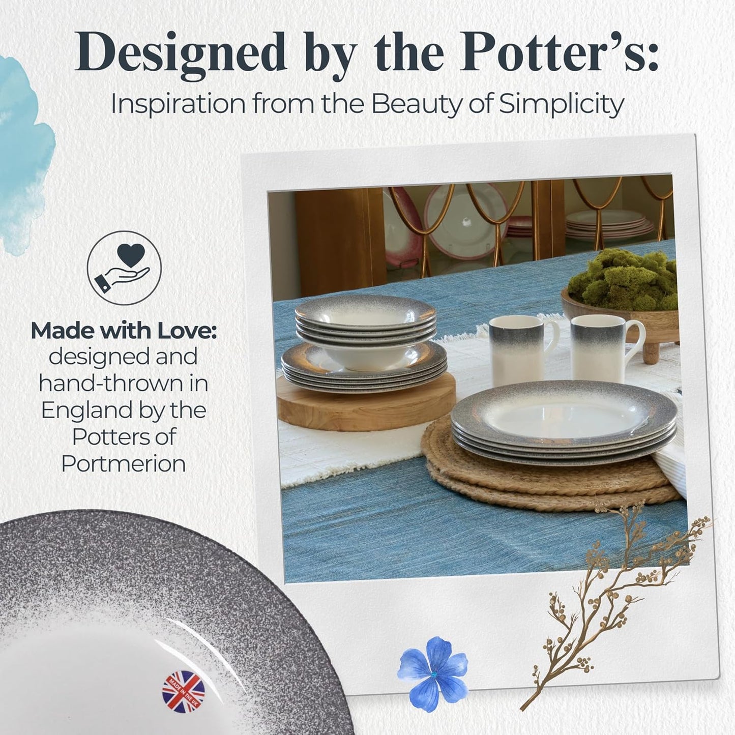 Portmeirion Potter's Mist 8" Dinner Plate (Set of 4) - Handcrafted Earthenware Plates with Accent Rim, Microwave & Dishwasher Safe - Ideal Tableware for Modern & Traditional Dining (Grey Mist)
