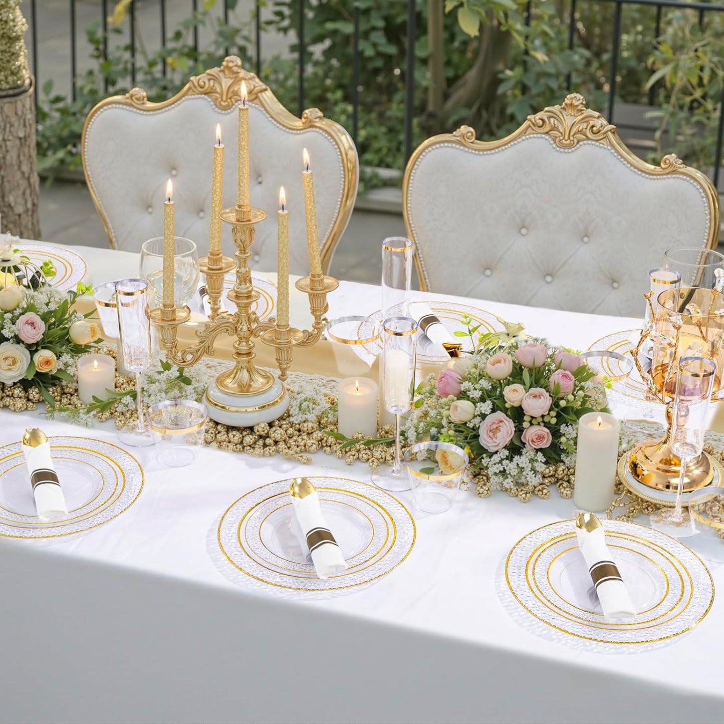 Ciaell 350PCS Clear Plastic Plates with Gold Trim for 50 Guests, Disposable Dinnerware Set for Wedding & Thanksgiving, Includes 100 Plastic Plates, 50 Pre Rolled Napkins with Gold Silverware, 50 Cups