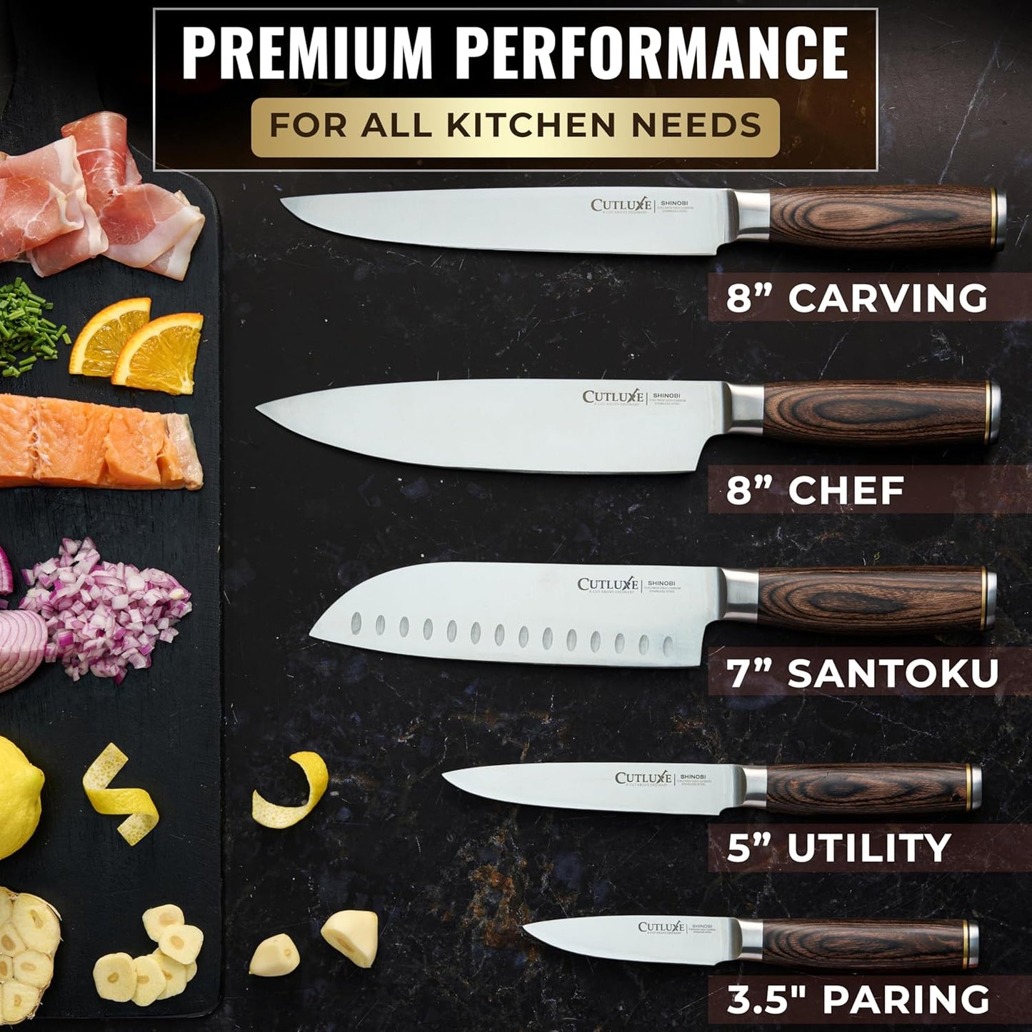 Cutluxe 5-Piece Chef Knife Set – Ultra Sharp Japanese Kitchen Knives, High Carbon Stainless Steel Blades, Full Tang Pakkawood Handles – Shinobi Series