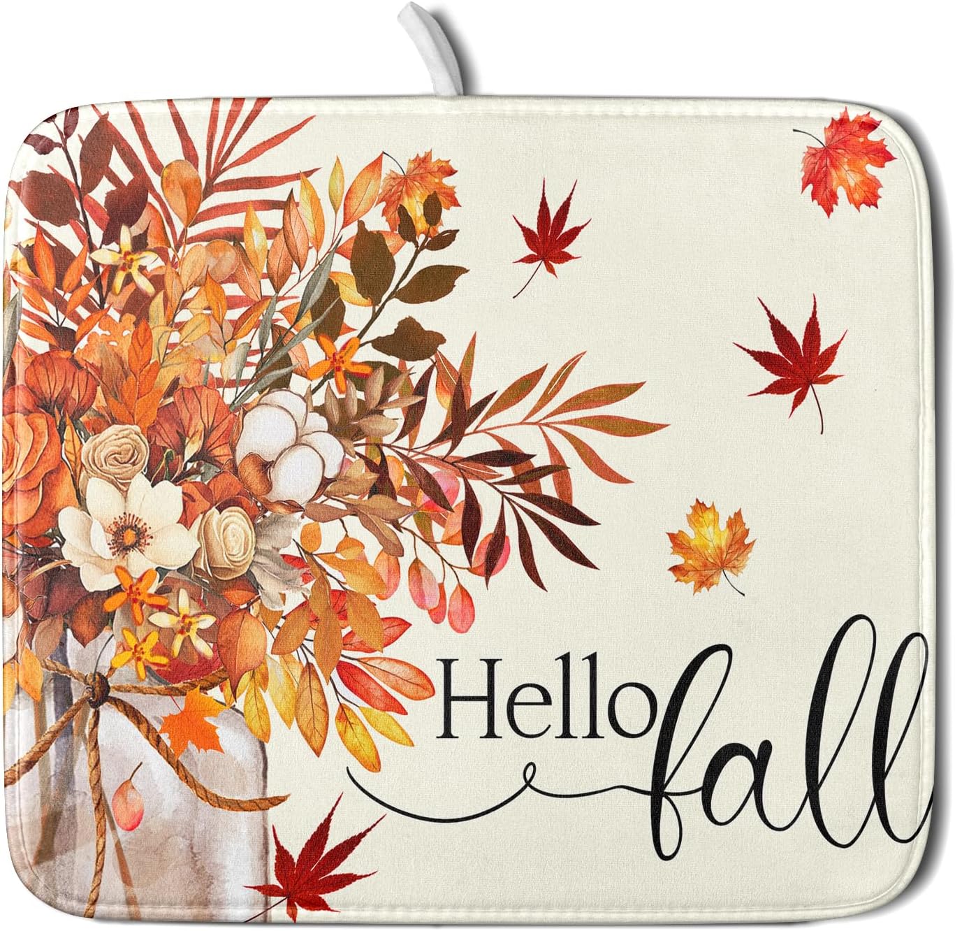 Hello Fall Dish Drying Mats 16x18 Inch, Autumn Orange Color Flowers Leaves Seasonal Washable Microfiber Drainer Rack Absorbent Pad Kitchen Counter Coffee Bar Protector