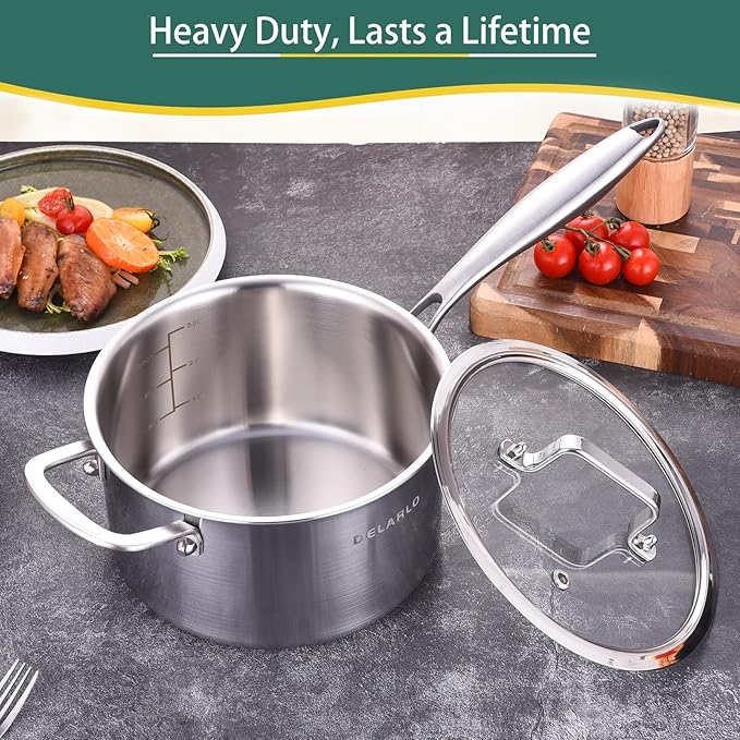 DELARLO Tri-Ply Stainless Steel Saucepan, 3.5 QT Saucepan with Lid, All Stove Compatible 600℉, Induction Sauce Pot, Heavy Duty Saucier, Dishwasher Safe Saucepan, Induction Pot 3.5 Quart, Even Heat