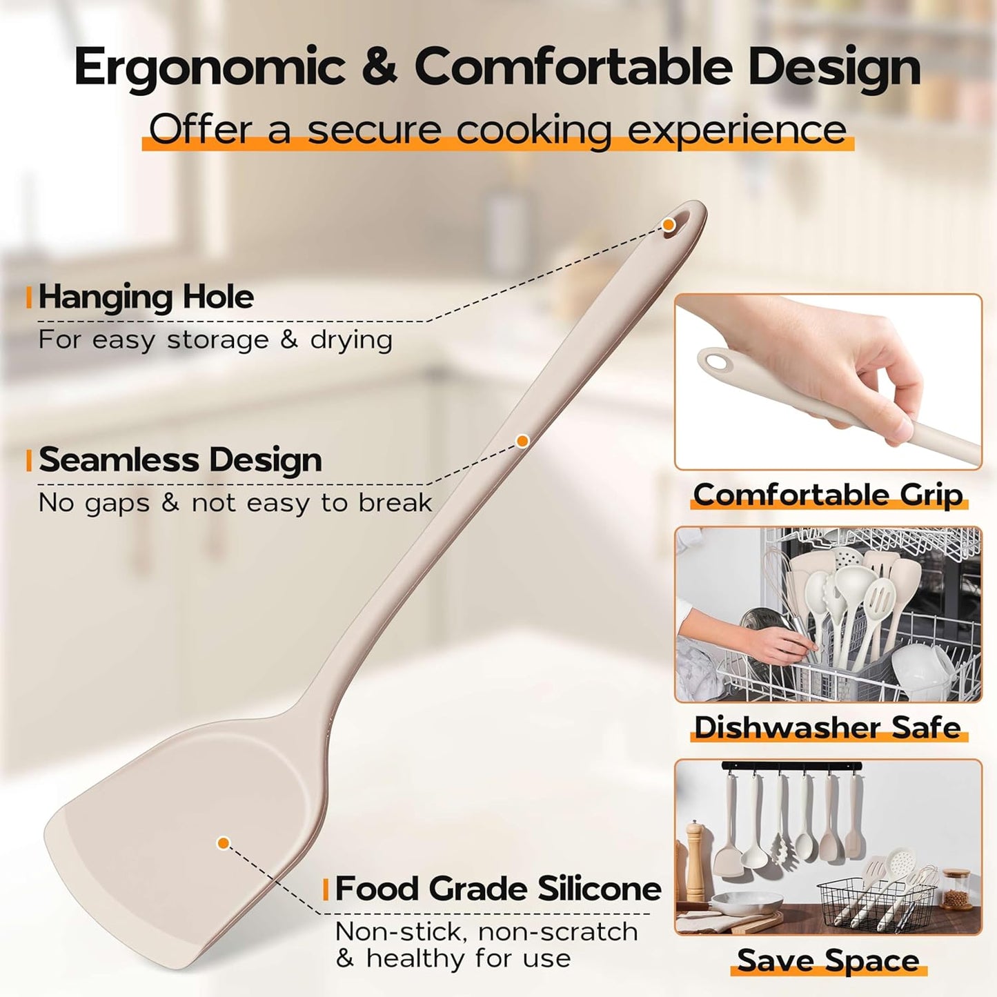 Onader Kitchen Cooking Utensils Set, 10 Pcs Silicone Non Toxic Cooking Utensils Set, Heat Resistant & Nonstick Cookware Friendly - 2 Mixed Color (Khaki & White)