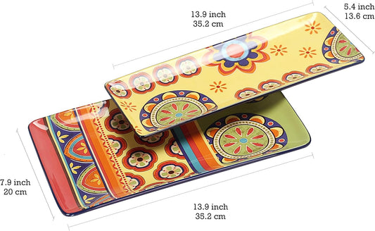 Bico Tunisian Ceramic 14 inch Rectangular Serving Platter, Set of 2, for Serving Salad, Pasta, Cheese, Ham, Appetizer, Microwave & Dishwasher Safe