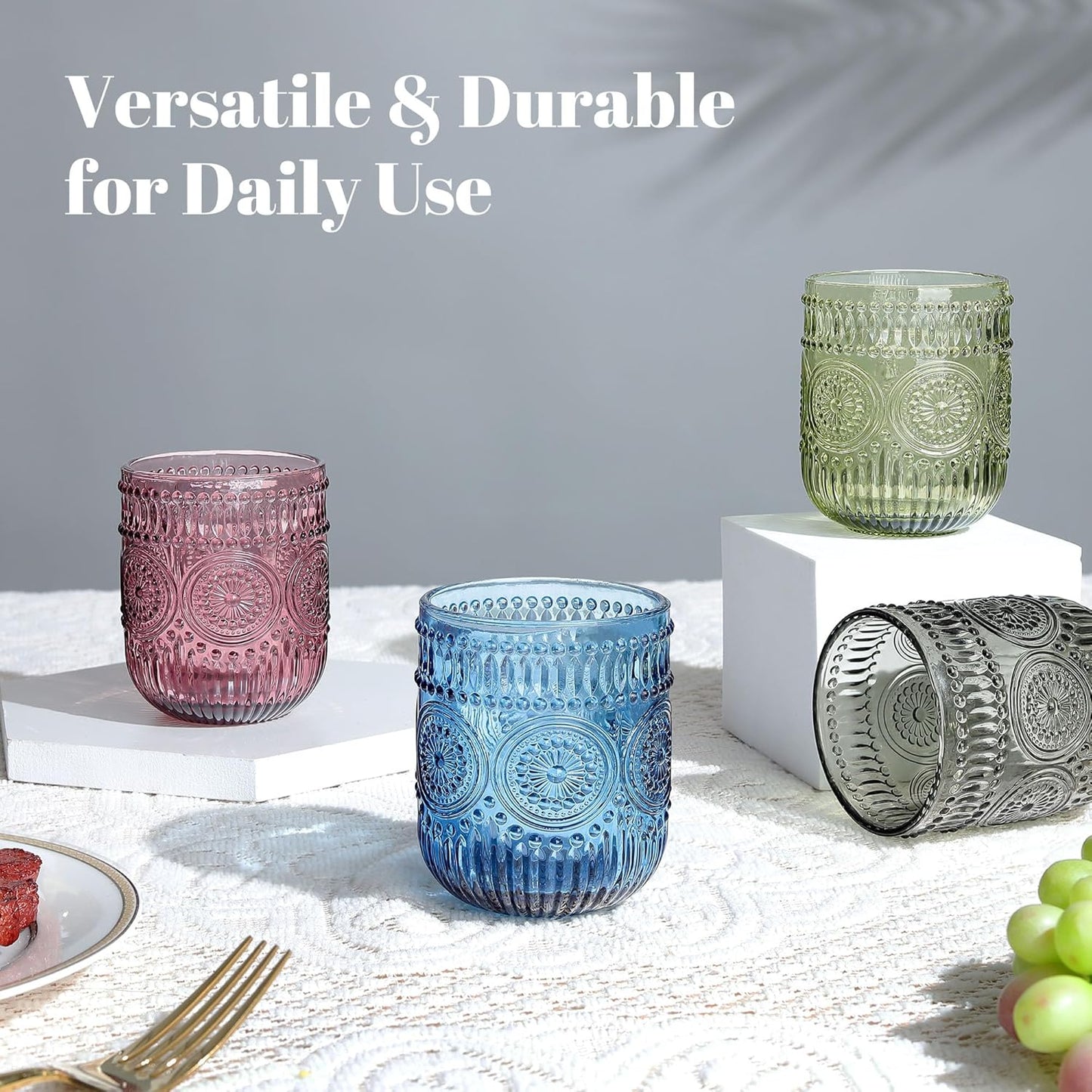 Joeyan Vintage Drinking Glasses Set of 4,9 oz Embossed Sunflower Small Water Glass Tumbler Cups,Colored Romantic Beaded Glassware for Beverages Cocktail Juice Wine,Multicolor,Dishwasher Safe