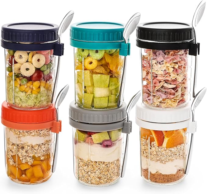 YUNCANG 6 Pack 16oz Overnight Oats Containers with Lids and Spoons, Glass Mason Overnight Oats Jars, Large Capacity Airtight Jars for Milk, Cereal, Fruit