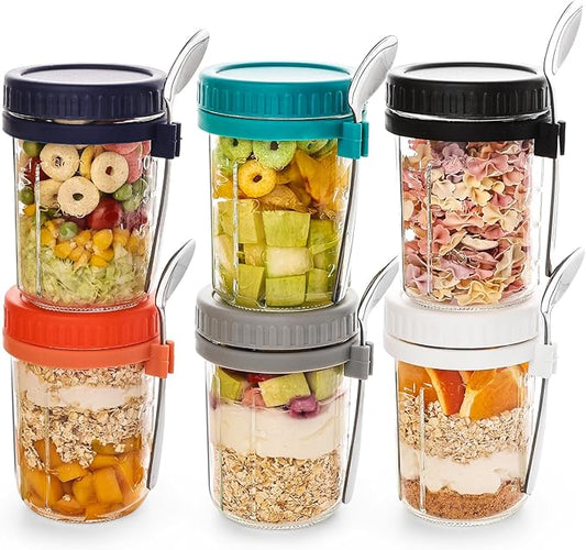 YUNCANG 6 Pack 16oz Overnight Oats Containers with Lids and Spoons, Glass Mason Overnight Oats Jars, Large Capacity Airtight Jars for Milk, Cereal, Fruit