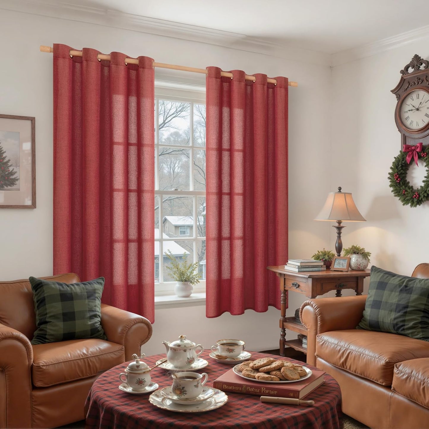 YoungsTex Red Linen Curtains 63 Inch Length for Living Room, Light Filtering Window Drapes with Bronze Grommet Privacy Christmas Decorative for Bedroom, 52 x 63 Inch, 2 Panels