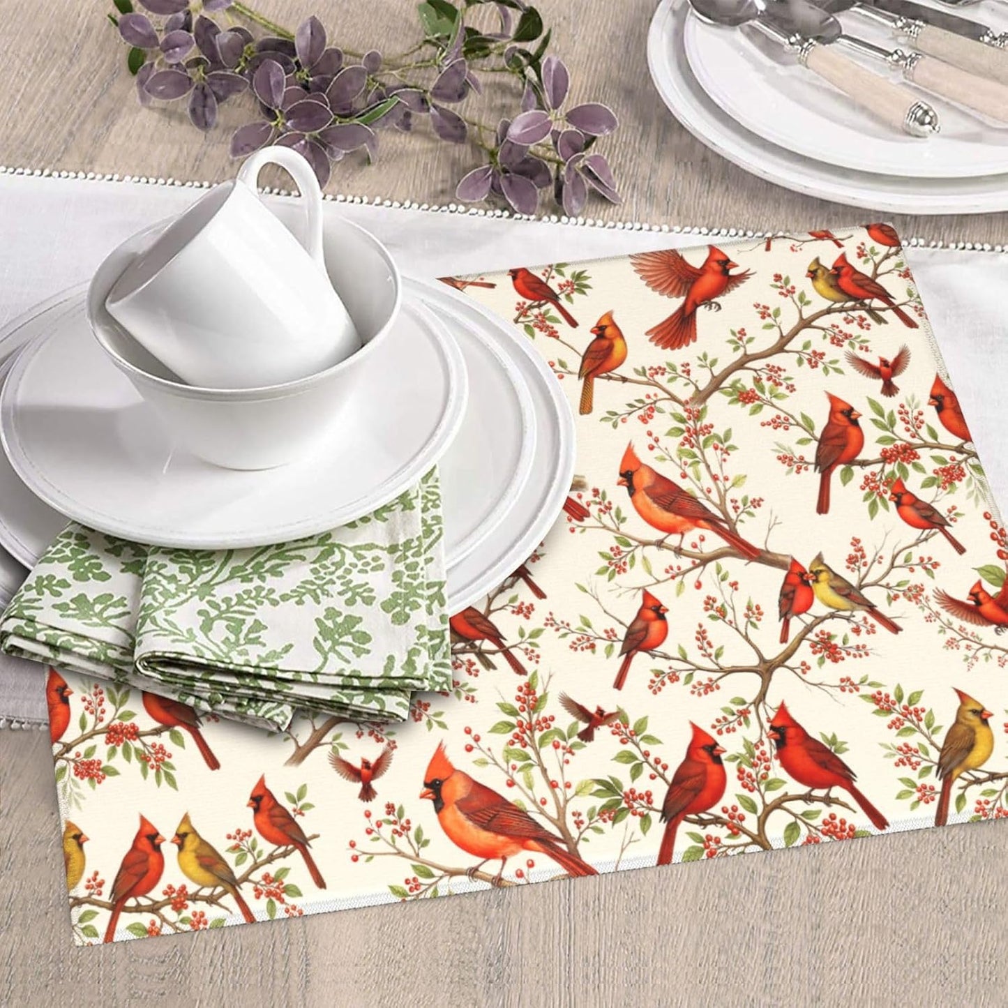 Red Cardinal Bird Floral Dish Drying Mat for Kitchen Counter & Sink, Absorbent Microfiber Christmas Cardinal Drying Pad for Dishes, Foldable Kitchen Mat for Dining Area, Christmas Gifts, 16" x 18" Red