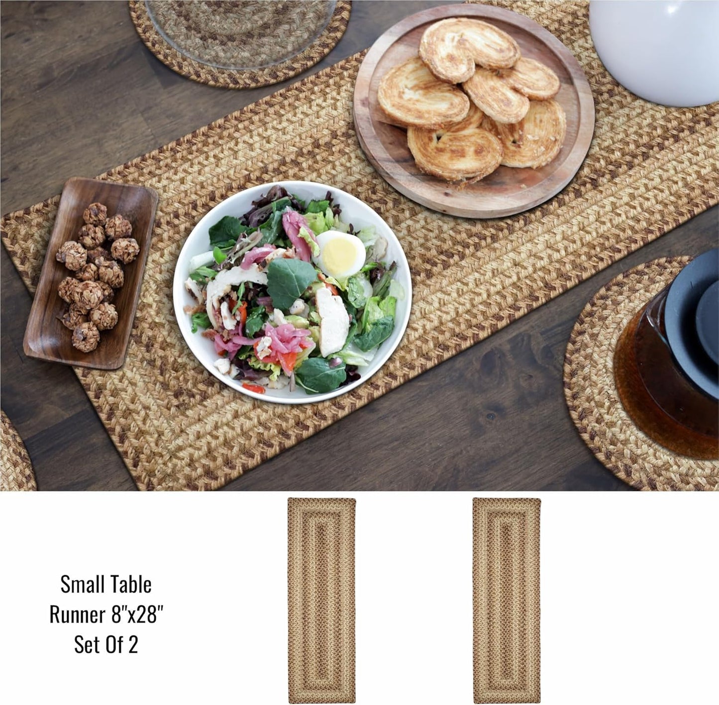 Homespice Cookie Dough Jute Braided Dinner Table Runner, Rustic Country Decor, Set of 2, Brown Rectangle 8x28 - Rich Colors, Easy to Clean, Durable and Protects Furniture