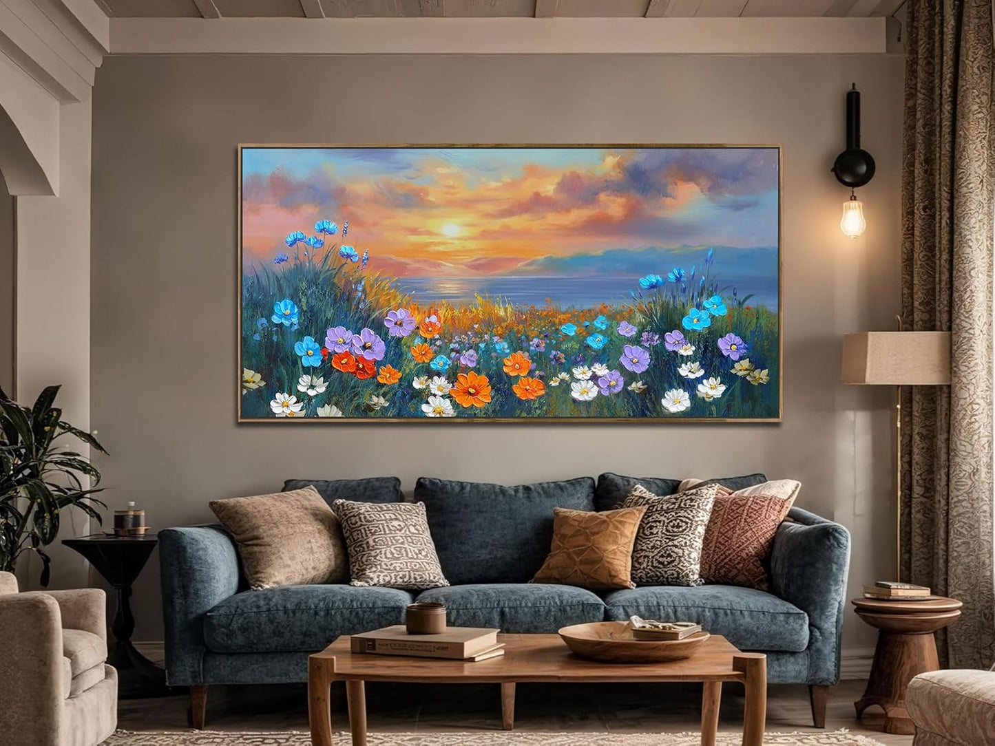 Ardemy Wildflower Wall Art for Living Room Large Framed Floral Canvas Pictures Bedroom Wall Decor Sunset Paintings Flower Textured Artwork for Walls Dining Room Home Office 58"x29"