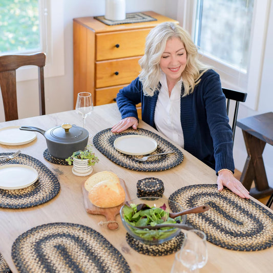Homespice Kilimanjaro Jute Braided Oval Placemats, Warm Primitive Decor, Set of 6, 13x19 Black and Tan Table Mats - Vibrant Colors, Durable, Easy to Clean and Protects Furniture