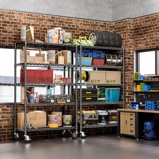 IZEUK 5-Tier Storage Shelving Unit with Wheels, Adjustable Heavy Duty Steel Wire Rack Organizer (Black, 17.7" D x 47.2" W x 76.7" H, 1750 lbs Capacity) for Garage, Kitchen, Office, Laundry, Basement