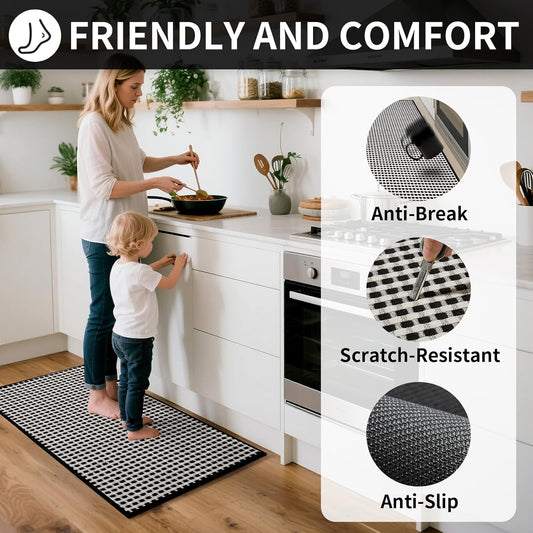 Long Kitchen Runner Rugs Kitchen Mat Non Slip Washable, Super Absorbent Soft Chenille Braided Kitchen Mats for Floor, Rubber Backing Kitchen Floor Sink Standing Mat, Easy Clean, Black 17"x71"