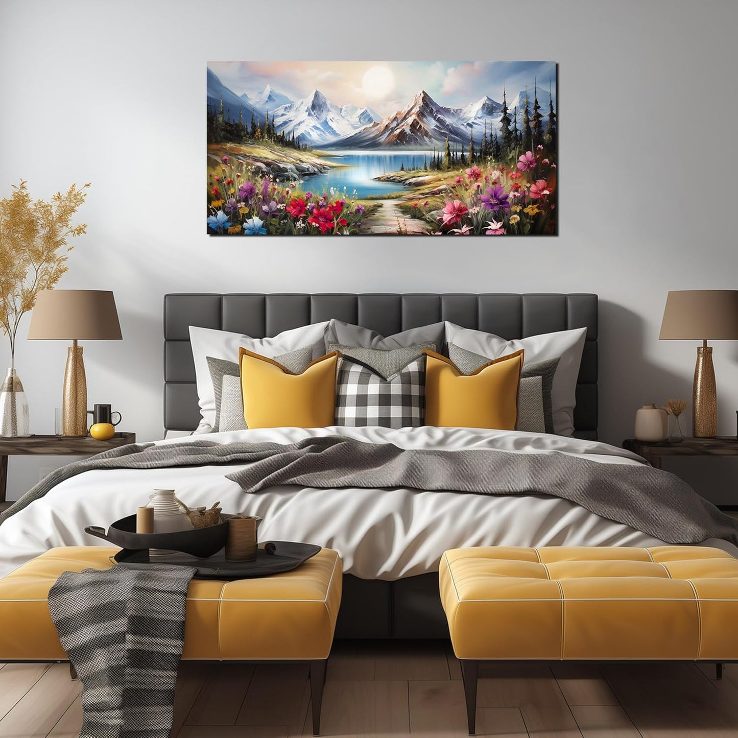 Large Canvas Wall Art for Living Room Farmhouse Decor Pictures Mountain River Landscape Wall Art Decor Prints Countryside Meadow Wildflower Artwork Canvas Painting Wall Decor for Bedroom 24x48 IN