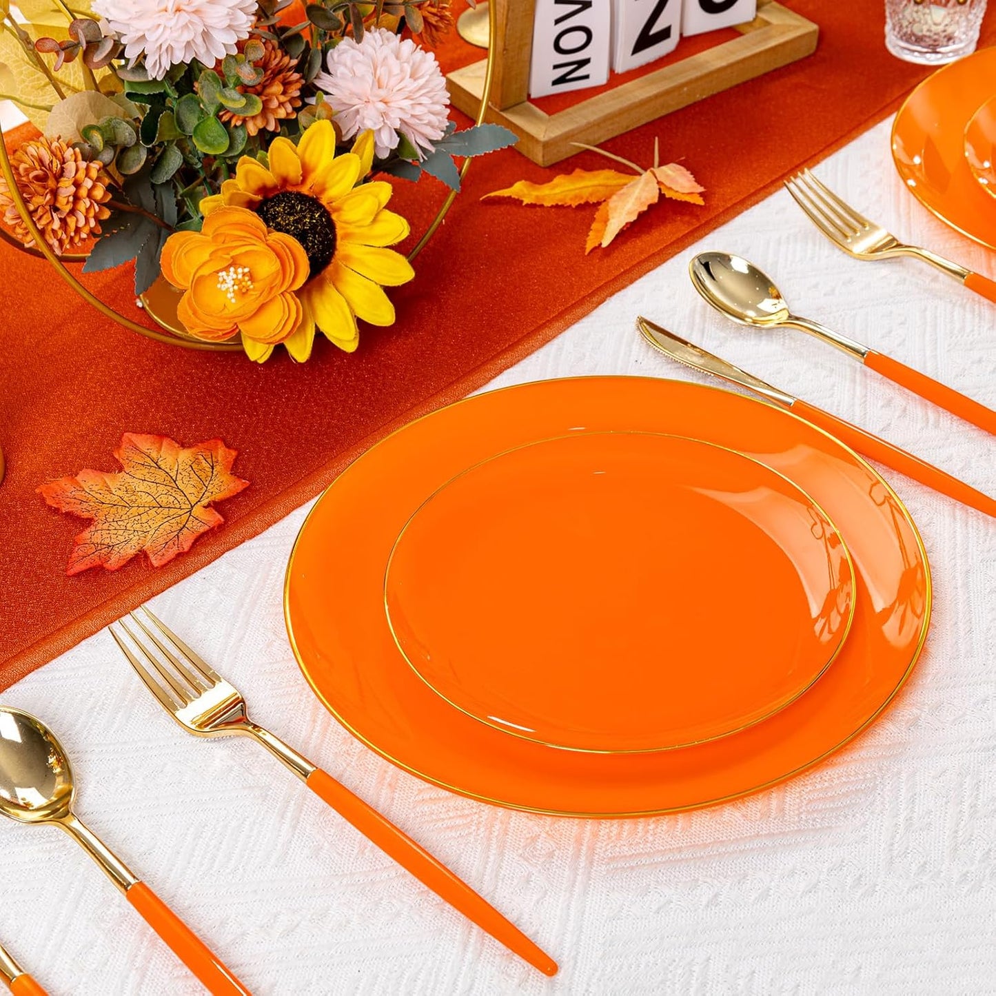 DaYammi 150Pcs Orange Plastic Plates & Gold Cutlery with Orange Handle,Thanksgiving Disposable Plates Set Include 30 Dinner Plate, 30 Dessert Plate,30 Knives,30 Forks,30 Spoons for Thanksgiving Party