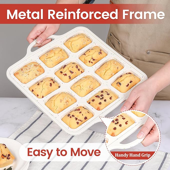 CAKETIME Silicone Mini Loaf Pan with Metal Frame, Silicone Mini Bread Loaf Pans 12 Cups for Baking Bread, Brownie, Cornbread, Cheesecake, Soap Nonstick (2 Pack)