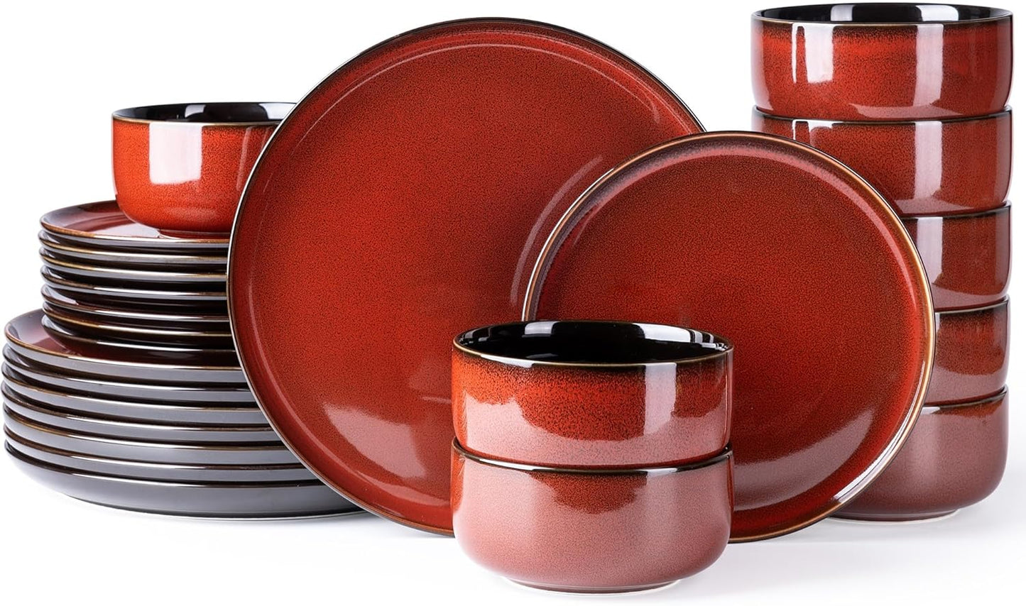 LERATIO Ceramic Dinnerware Sets for 8,Plates and Bowls Sets,Handmade Reactive Glaze Dishes Set,Highly Chip and Crack Resistant | Dishwasher & Microwave & Oven Safe Dishes set,Service for 8-Red(24pc)