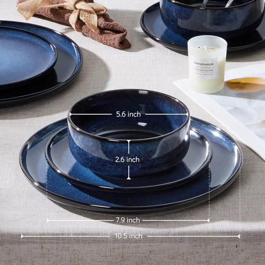 E-far Dinnerware Sets for 2, 6-Piece Stoneware Plates and Bowls Set, Ceramic Dishes Reactive Glaze Dinning Ware, Microwave & Dishwasher Safe - Deep Sea Blue